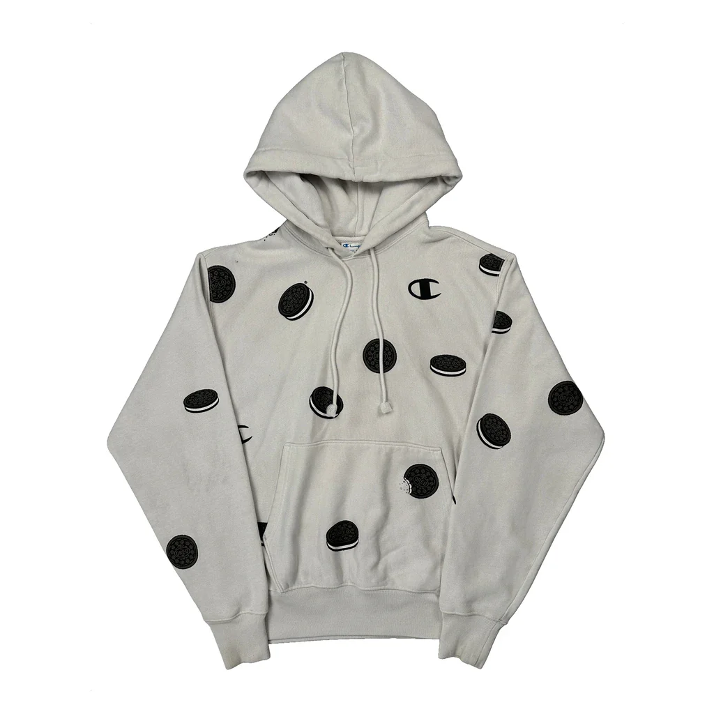 Reverse Weave Champion Graphic Hoodie - Medium White Cotton Blend