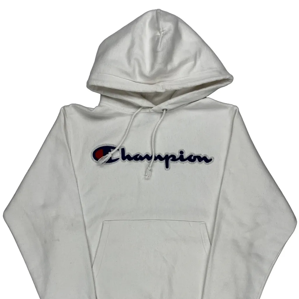 Reverse Weave Champion Spellout Hoodie - Small White Cotton - Image 4