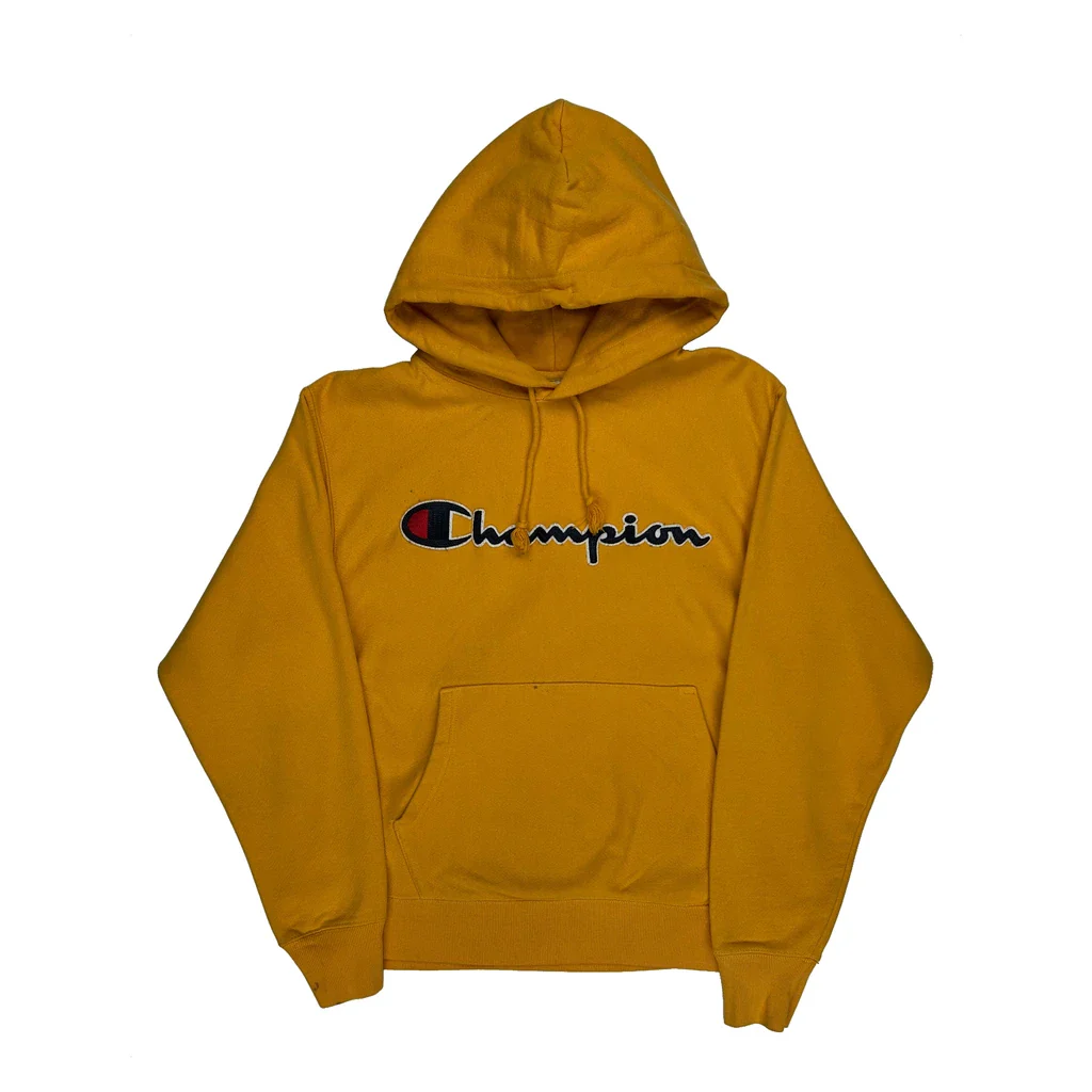 Reverse Weave Champion Spellout Hoodie - Medium Yellow Cotton Blend