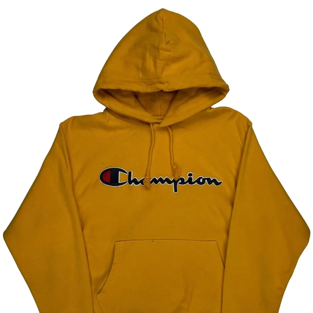 Reverse Weave Champion Spellout Hoodie - Medium Yellow Cotton Blend - Image 4