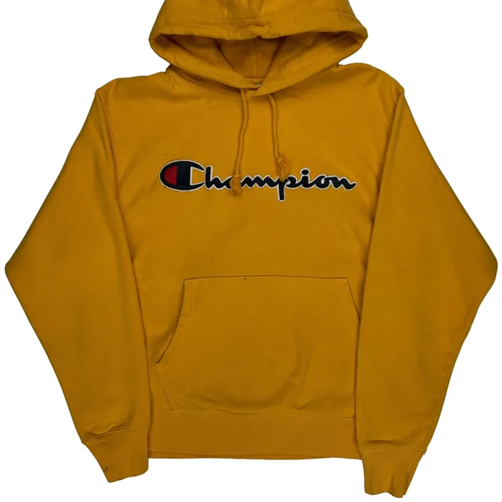 Reverse Weave Champion Spellout Hoodie - Medium Yellow Cotton Blend - Image 5