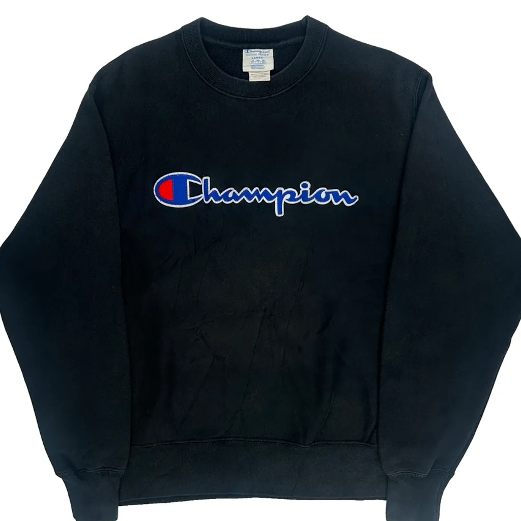 Reverse Weave Champion Spellout Sweatshirt - Large Black Cotton Blend - Image 5