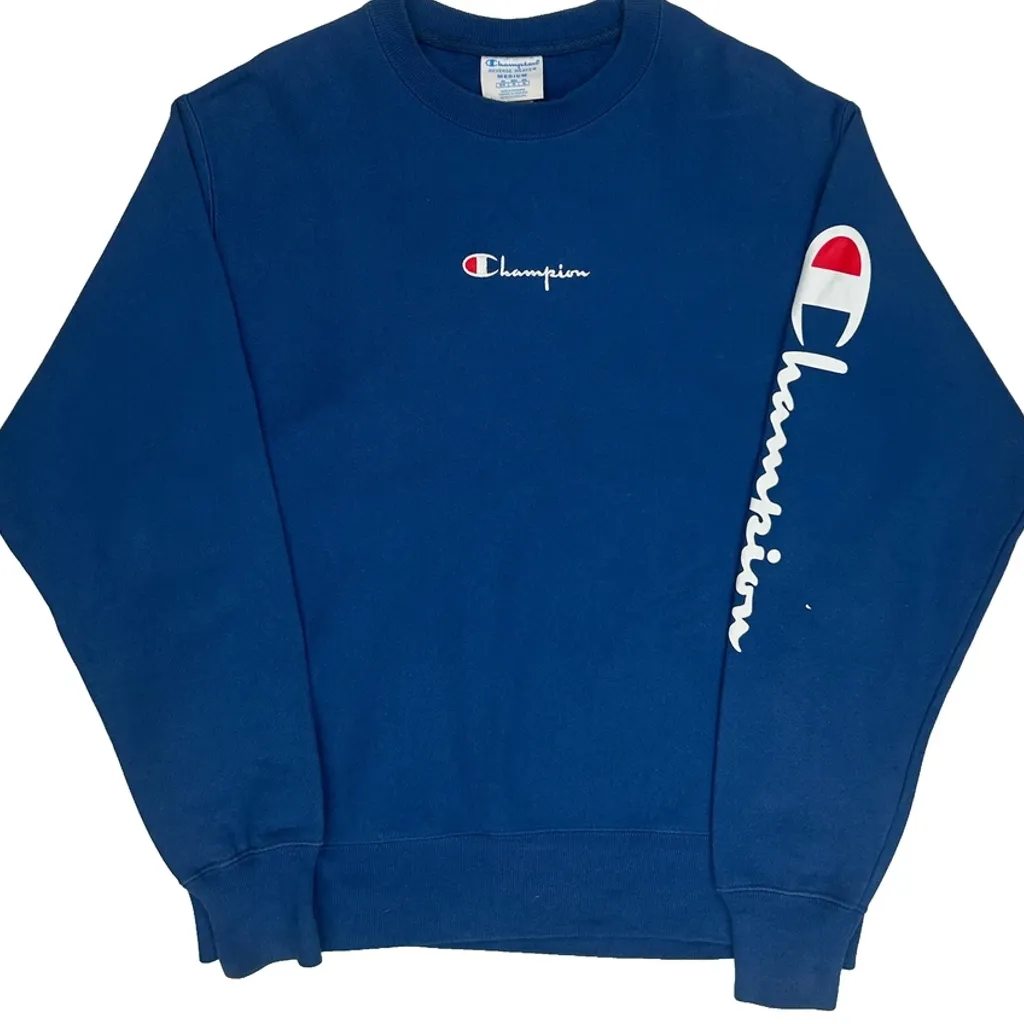 Reverse Weave Champion Spellout Sweatshirt - Medium Blue Cotton Blend - Image 4