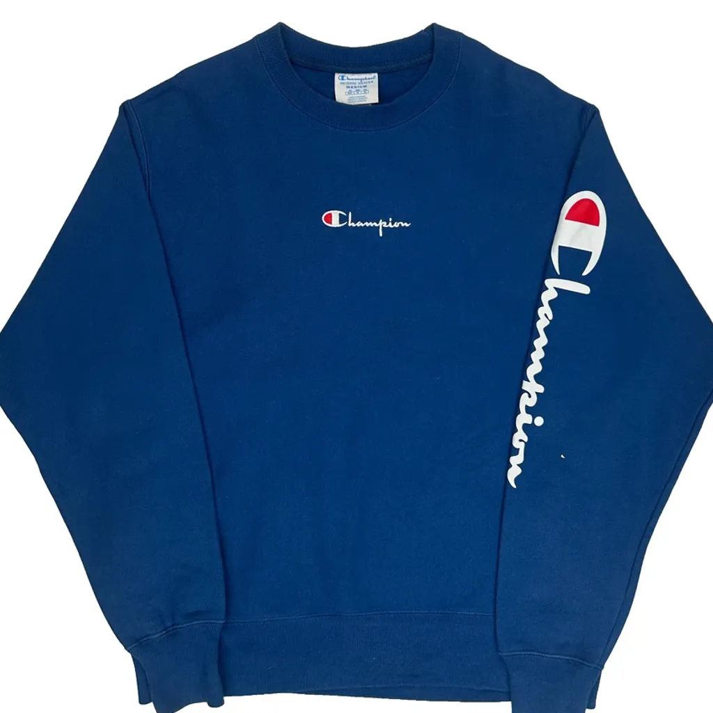 Reverse Weave Champion Spellout Sweatshirt - Medium Blue Cotton Blend - Image 4