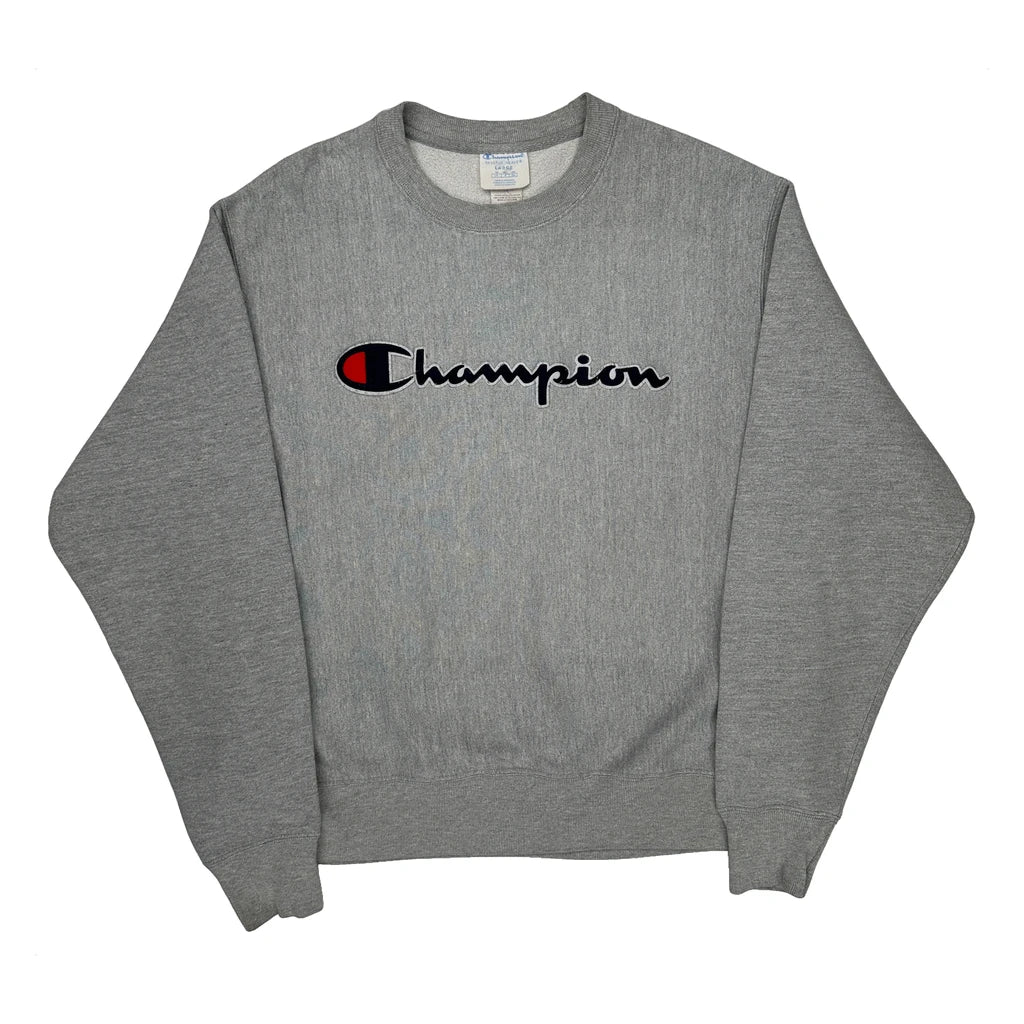 Reverse Weave Champion Spellout Sweatshirt - Large Gray Cotton Blend