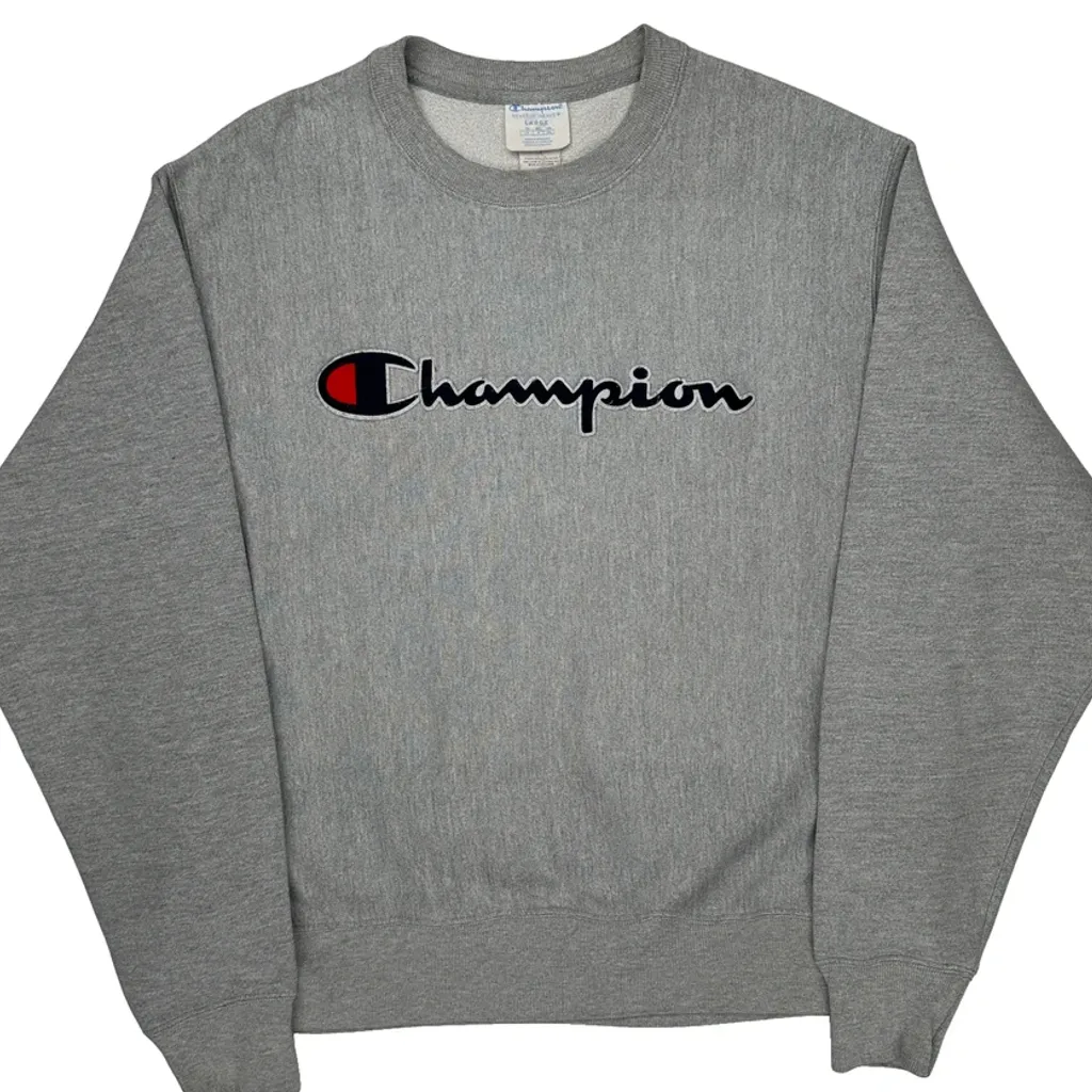 Reverse Weave Champion Spellout Sweatshirt - Large Gray Cotton Blend - Image 5