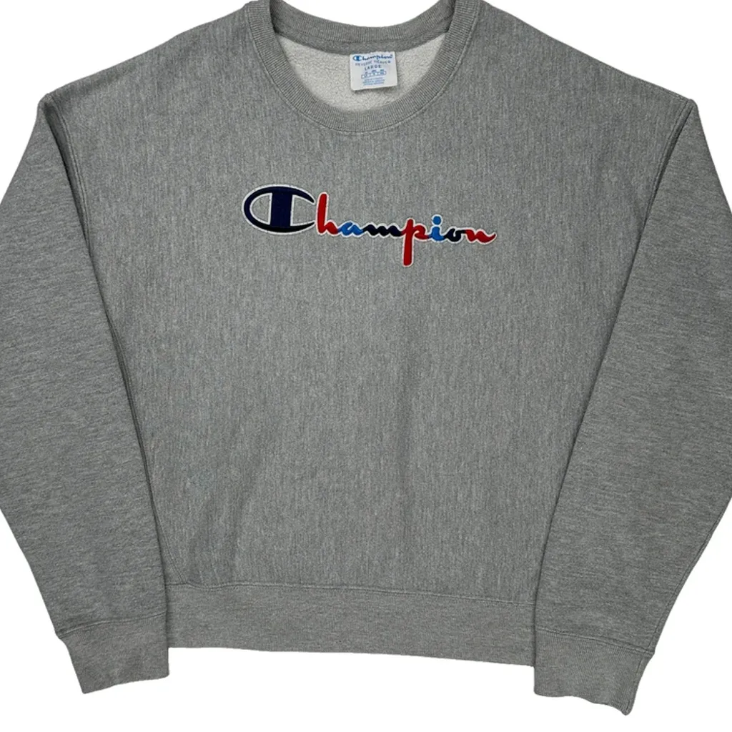 Reverse Weave Champion Spellout Sweatshirt - Large Gray Cotton - Image 5