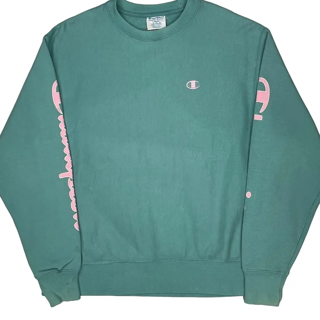 Reverse Weave Champion Spellout Sweatshirt - Large Green Cotton - Image 4