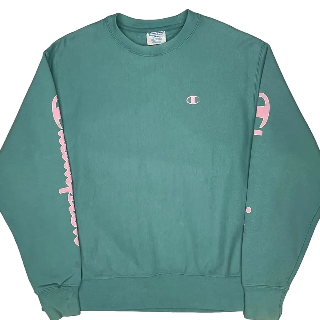Reverse Weave Champion Spellout Sweatshirt - Large Green Cotton - Image 5