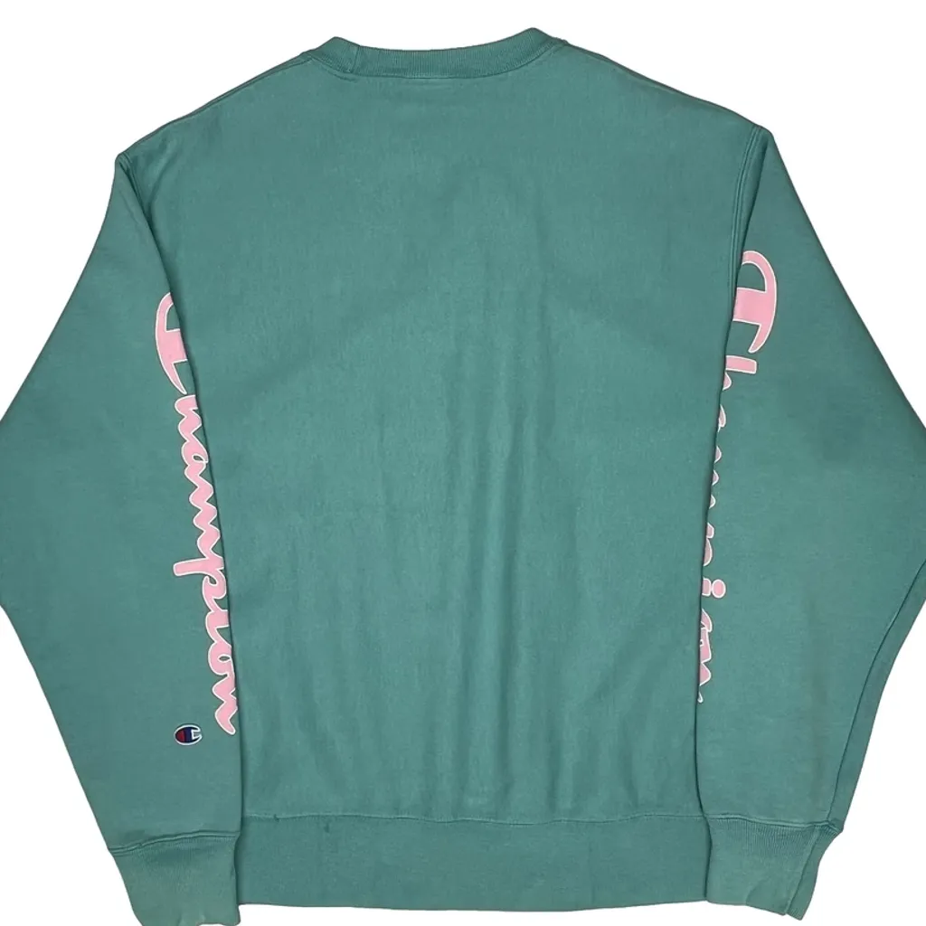 Reverse Weave Champion Spellout Sweatshirt - Large Green Cotton - Image 7