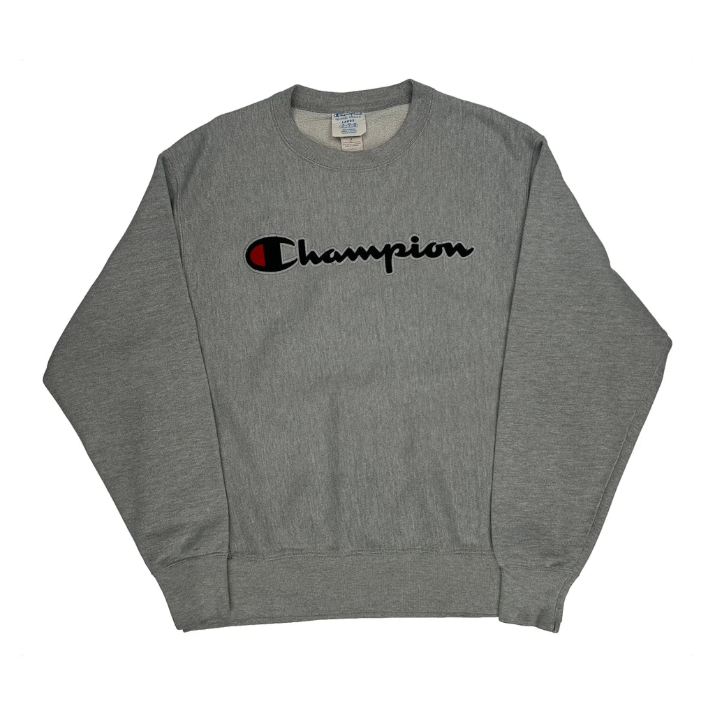 Reverse Weave Champion Spellout Sweatshirt - Large Grey Cotton Blend