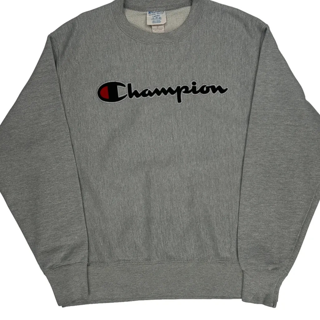 Reverse Weave Champion Spellout Sweatshirt - Large Grey Cotton Blend - Image 4