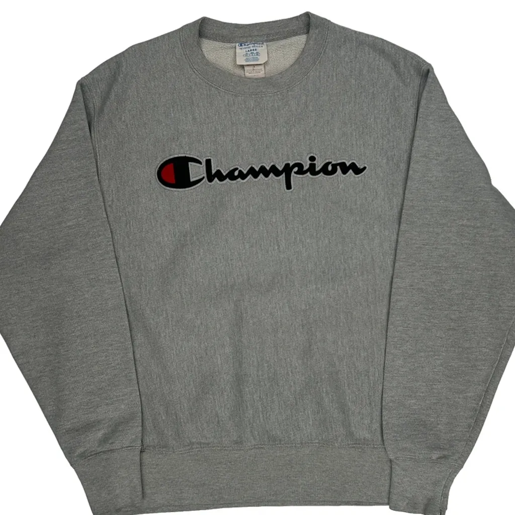 Reverse Weave Champion Spellout Sweatshirt - Large Grey Cotton Blend - Image 5