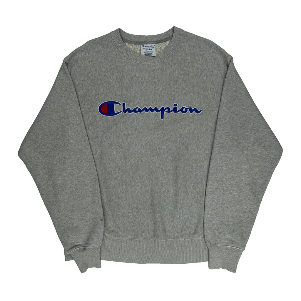 Reverse Weave Champion Spellout Sweatshirt - Medium Grey Cotton