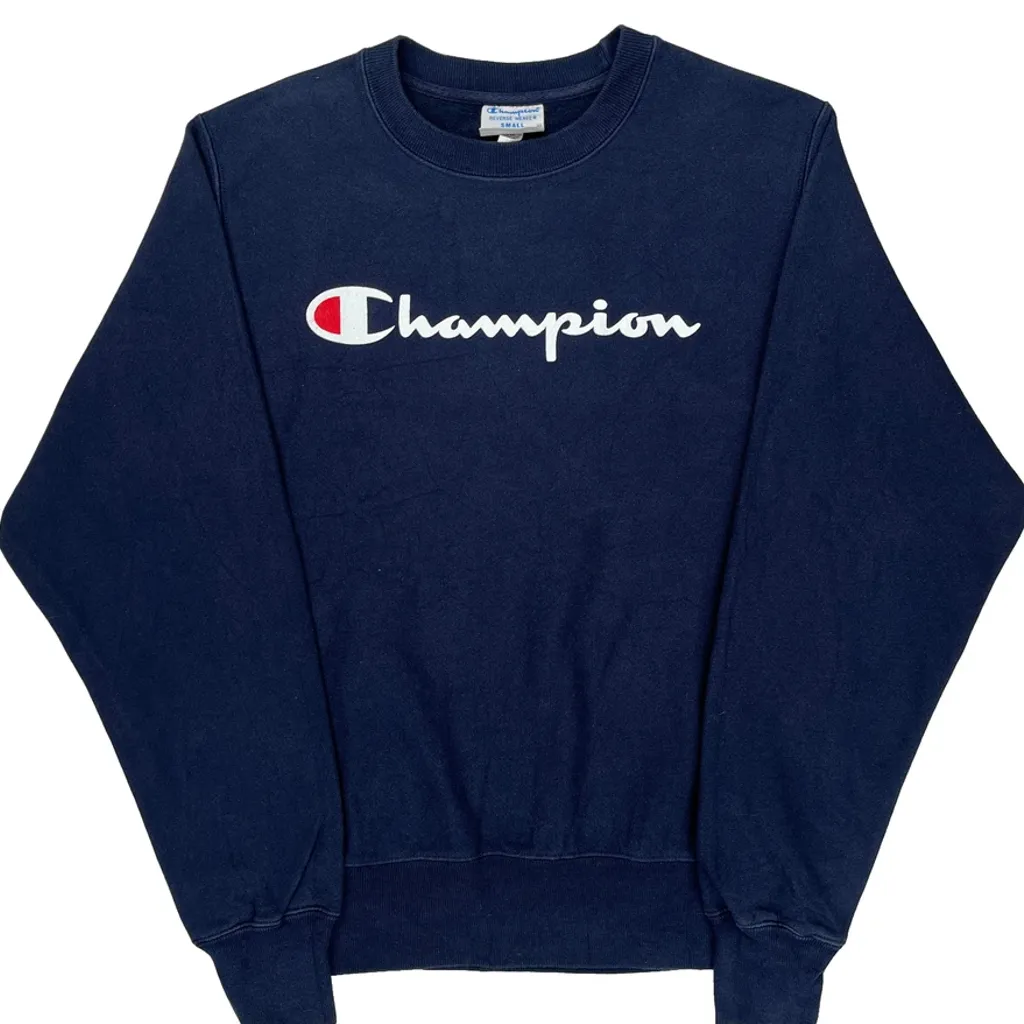 Reverse Weave Champion Spellout Sweatshirt - Small Navy Cotton - Image 4