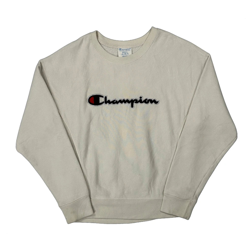 Reverse Weave Champion Spellout Sweatshirt - Small Cream Cotton