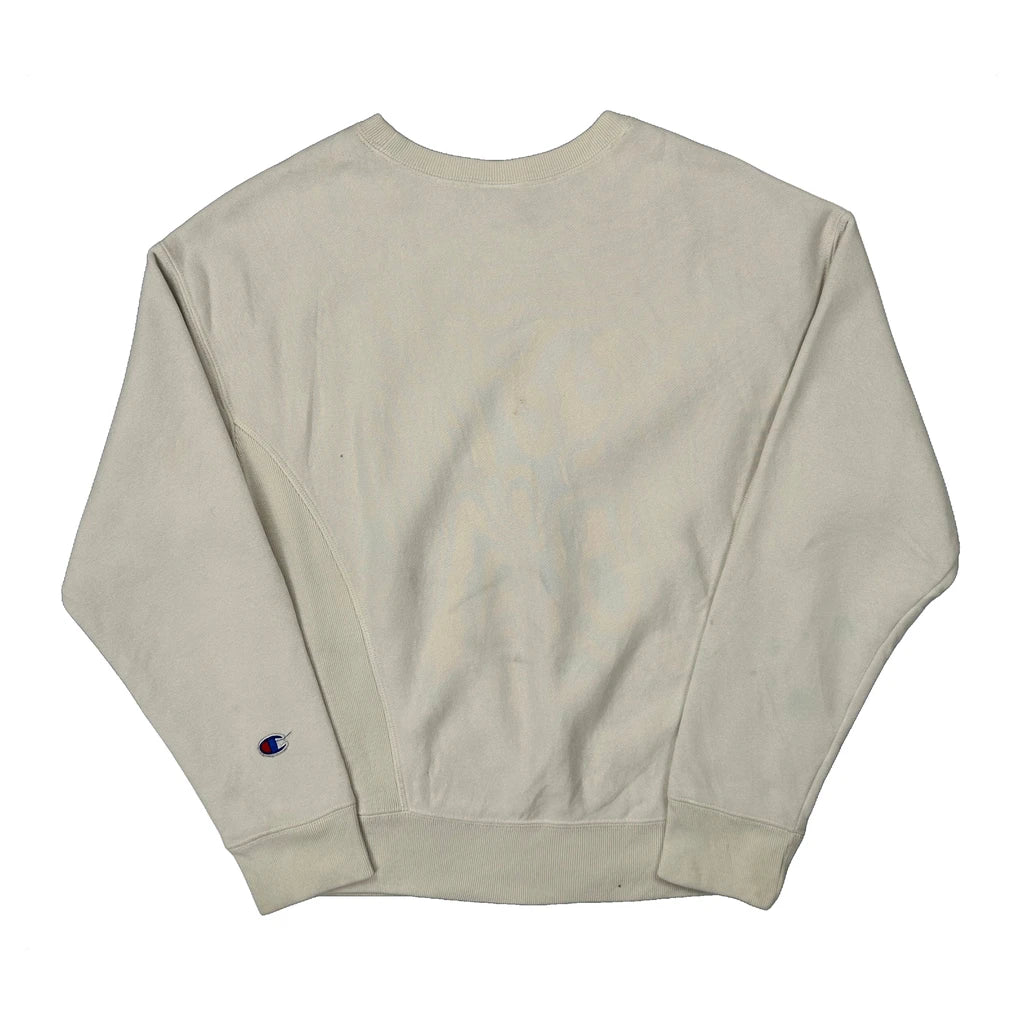 Reverse Weave Champion Spellout Sweatshirt - Small Cream Cotton - Image 2