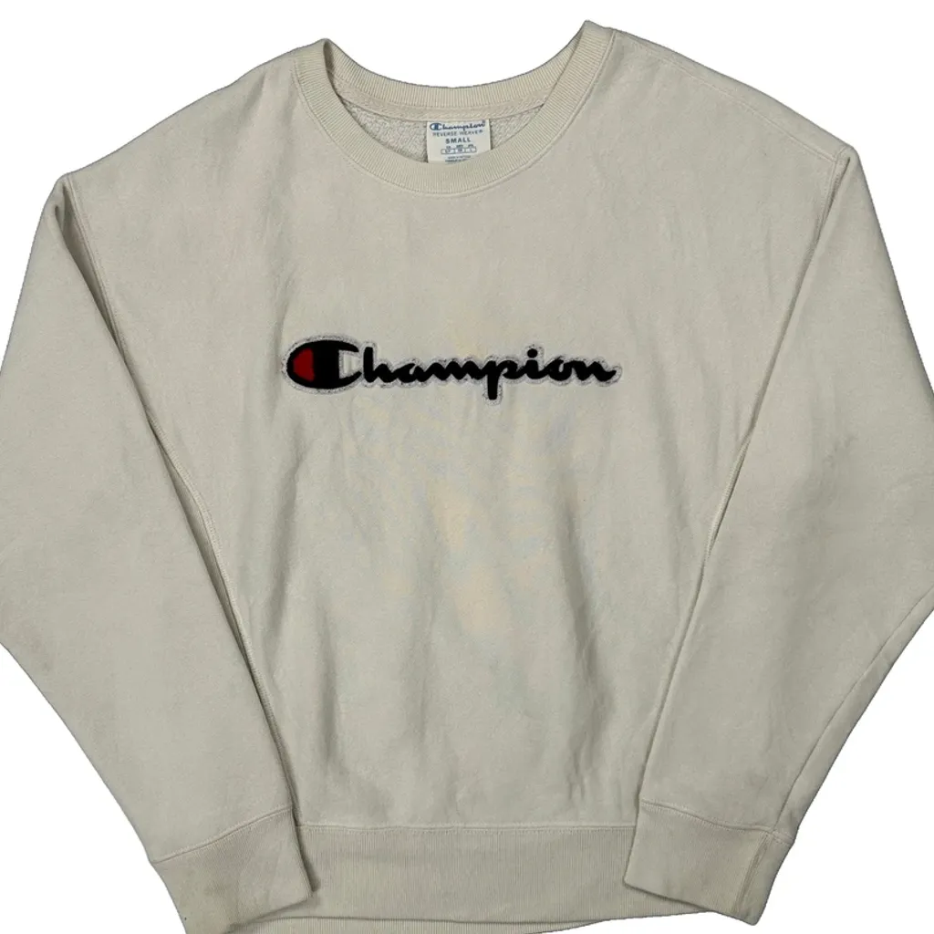 Reverse Weave Champion Spellout Sweatshirt - Small Cream Cotton - Image 4