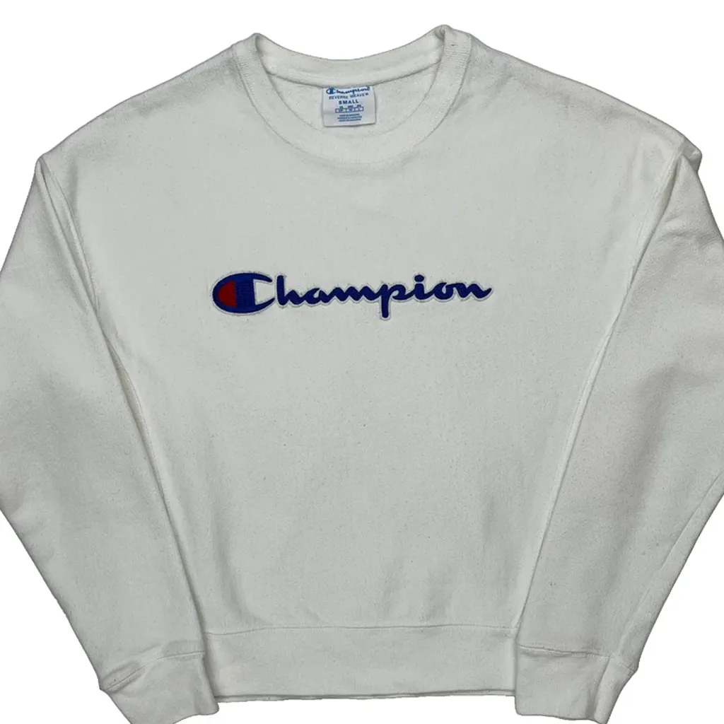 Reverse Weave Champion Spellout Sweatshirt - Small White Cotton - Image 4