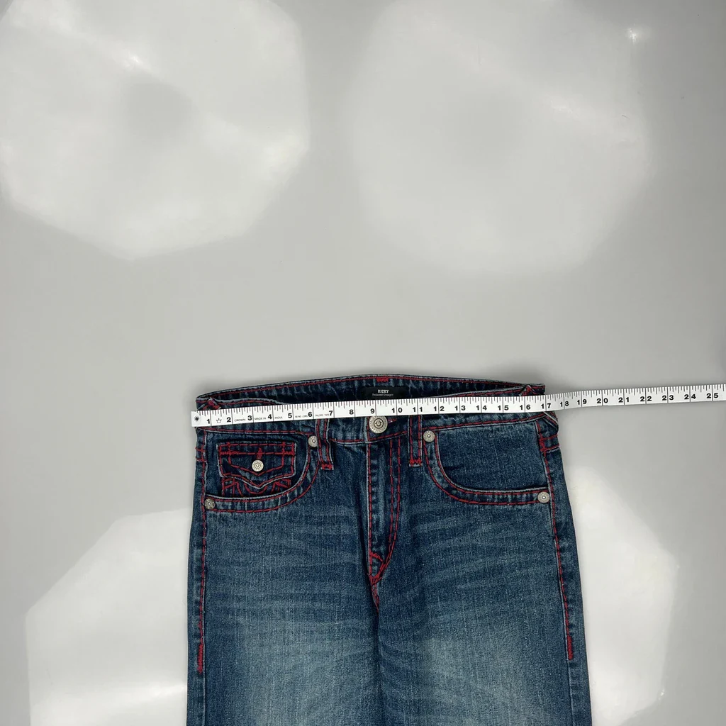Ricky Relaxed Straight True Religion Contrast Stitch Jeans - 34W 29L Blue Denim - Image 3