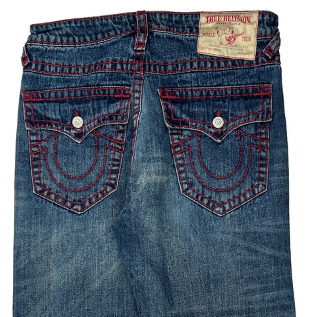 Ricky Relaxed Straight True Religion Contrast Stitch Jeans - 34W 29L Blue Denim - Image 8