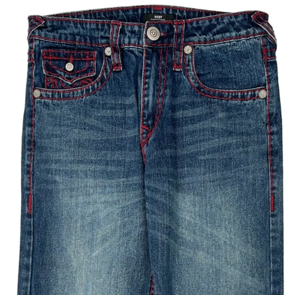 Ricky Relaxed Straight True Religion Contrast Stitch Jeans - 34W 29L Blue Denim - Image 9