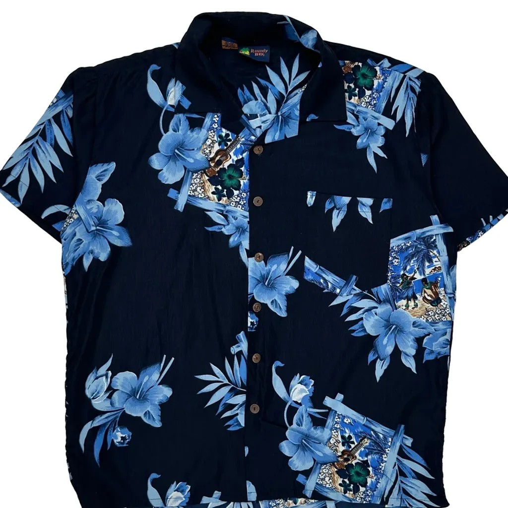 Roundy Bay Floral Hawaiian Shirt - Large Blue Polyester - Image 4