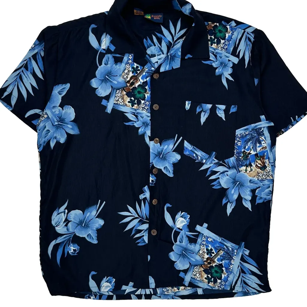 Roundy Bay Floral Hawaiian Shirt - Large Blue Polyester - Image 5