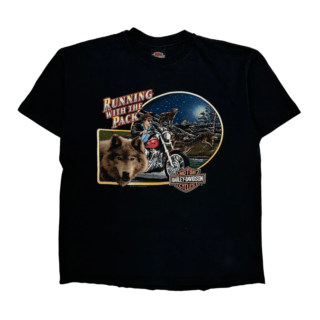 Running With The Pack Harley Davidson Graphic T-Shirt - XL Black Cotton