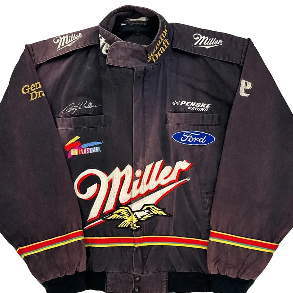 Rusty Wallace Penske Ford Racing Nascar Miller Bomber Jacket - Medium Black Cotton - Image 4