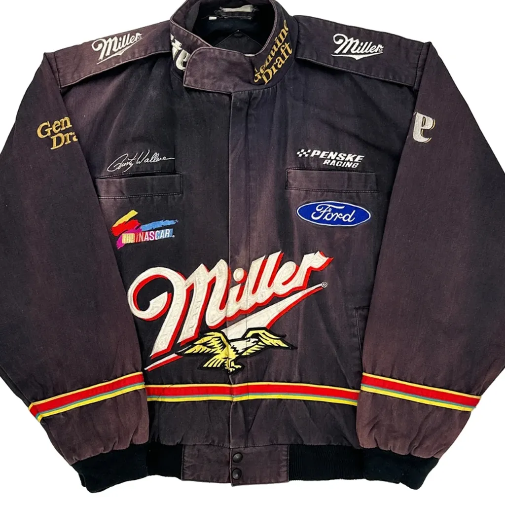 Rusty Wallace Penske Ford Racing Nascar Miller Bomber Jacket - Medium Black Cotton - Image 5
