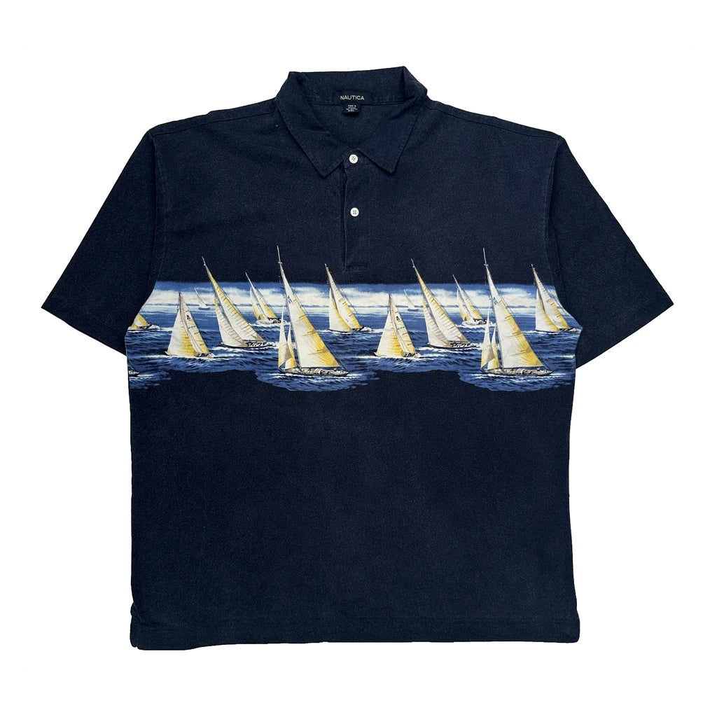 Sailboat Pattern Nautica Graphic Polo Shirt - 2XL Navy Cotton