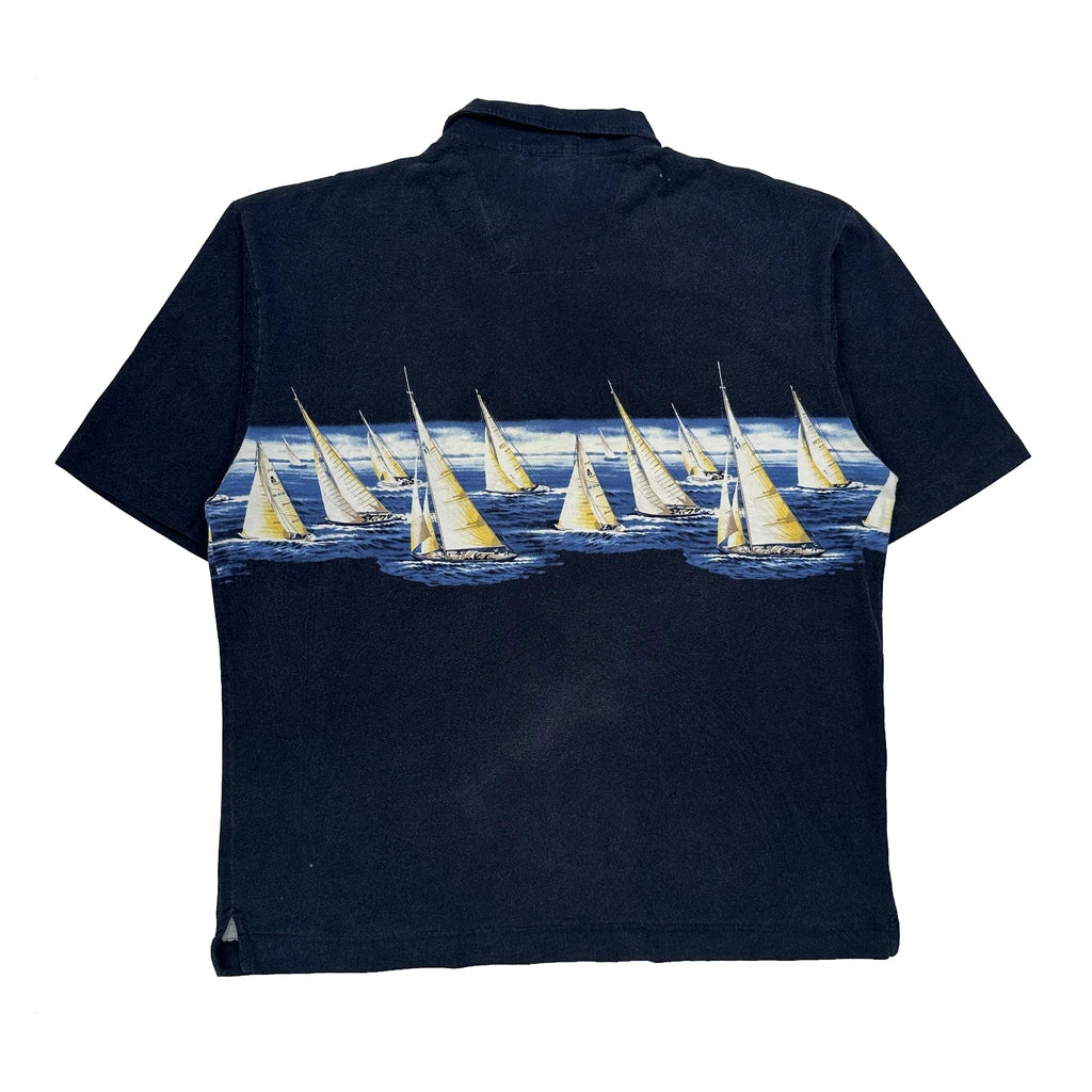 Sailboat Pattern Nautica Graphic Polo Shirt - 2XL Navy Cotton - Image 2