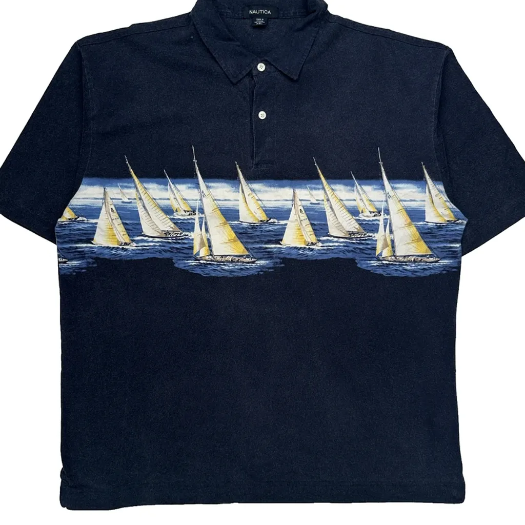 Sailboat Pattern Nautica Graphic Polo Shirt - 2XL Navy Cotton - Image 4