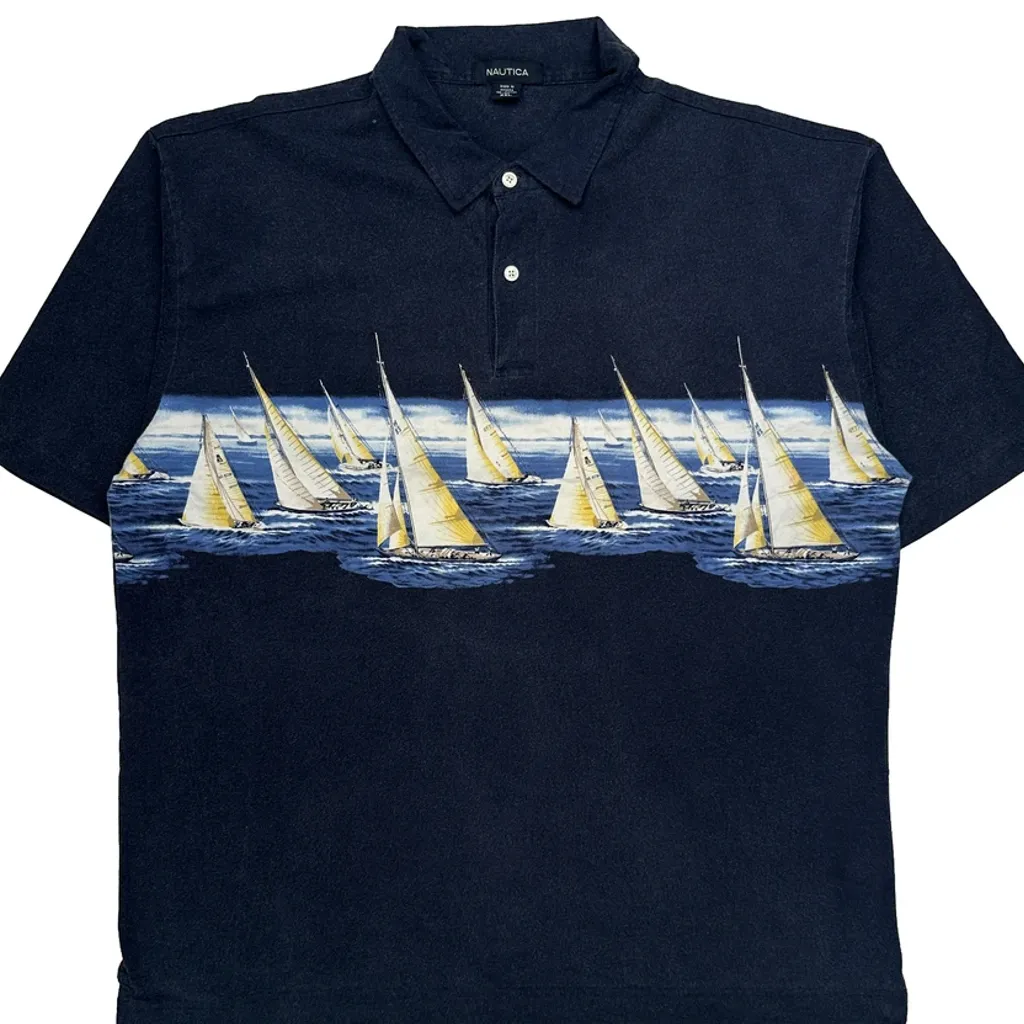 Sailboat Pattern Nautica Graphic Polo Shirt - 2XL Navy Cotton - Image 5