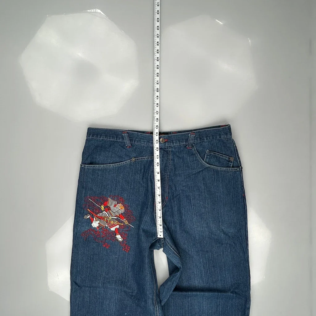 Samurai Embroidery Raw Baggy Jeans - 38W 32L Blue Cotton Blend - Image 4