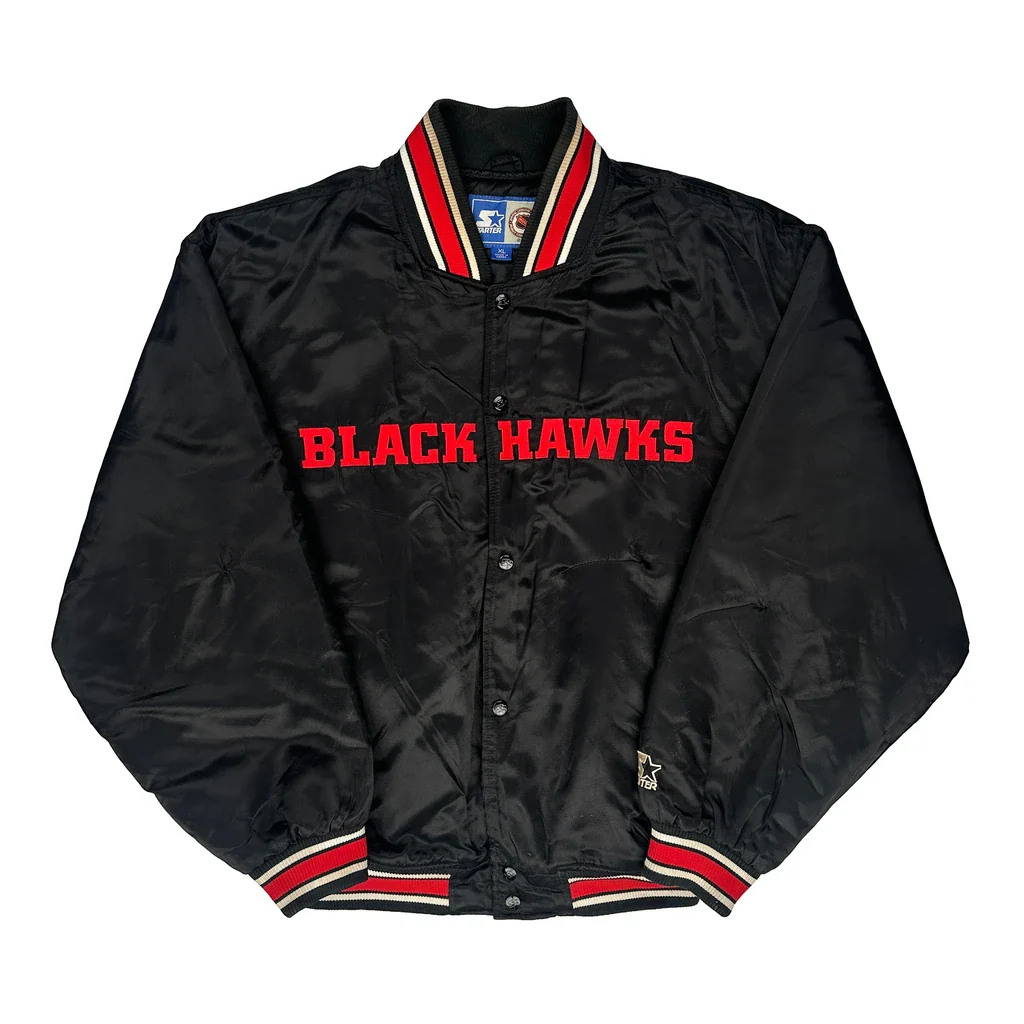 Satin Black Hawks Starter Spellout Varsity Jacket - XL Black Polyester