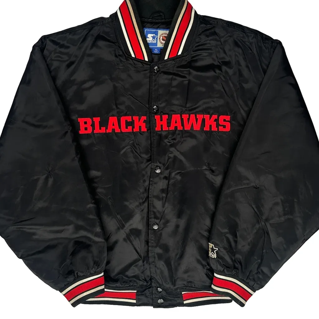 Satin Black Hawks Starter Spellout Varsity Jacket - XL Black Polyester - Image 4