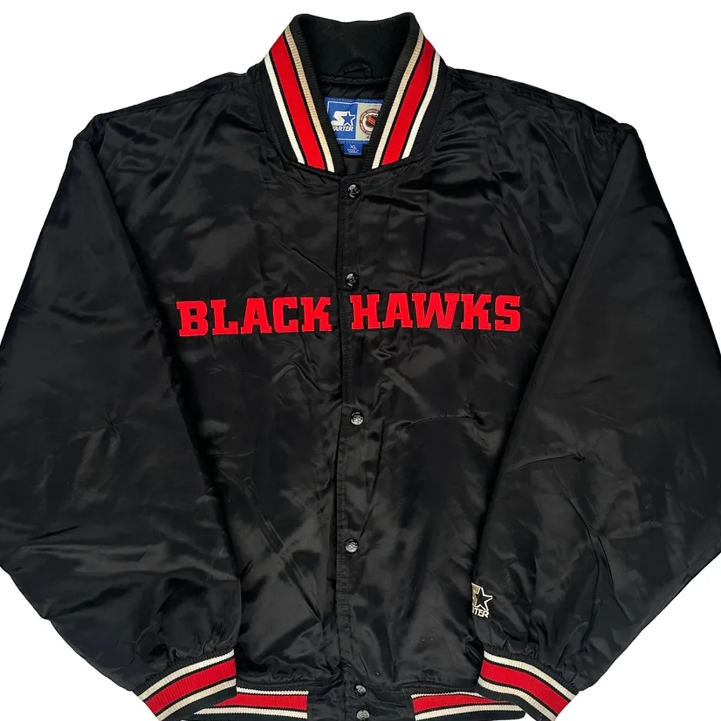 Satin Black Hawks Starter Spellout Varsity Jacket - XL Black Polyester - Image 5