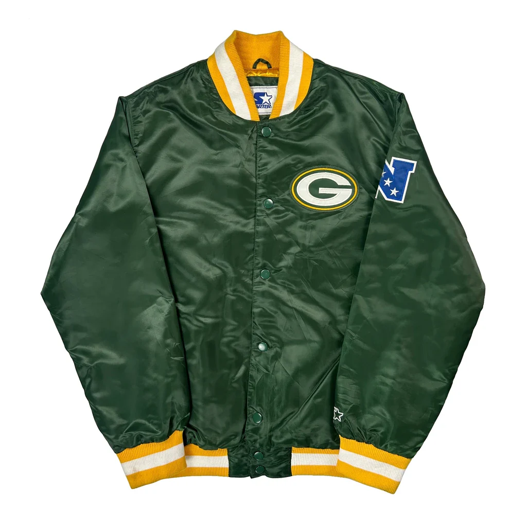 Satin Packers Starter Varsity Jacket - Large Green Polyester