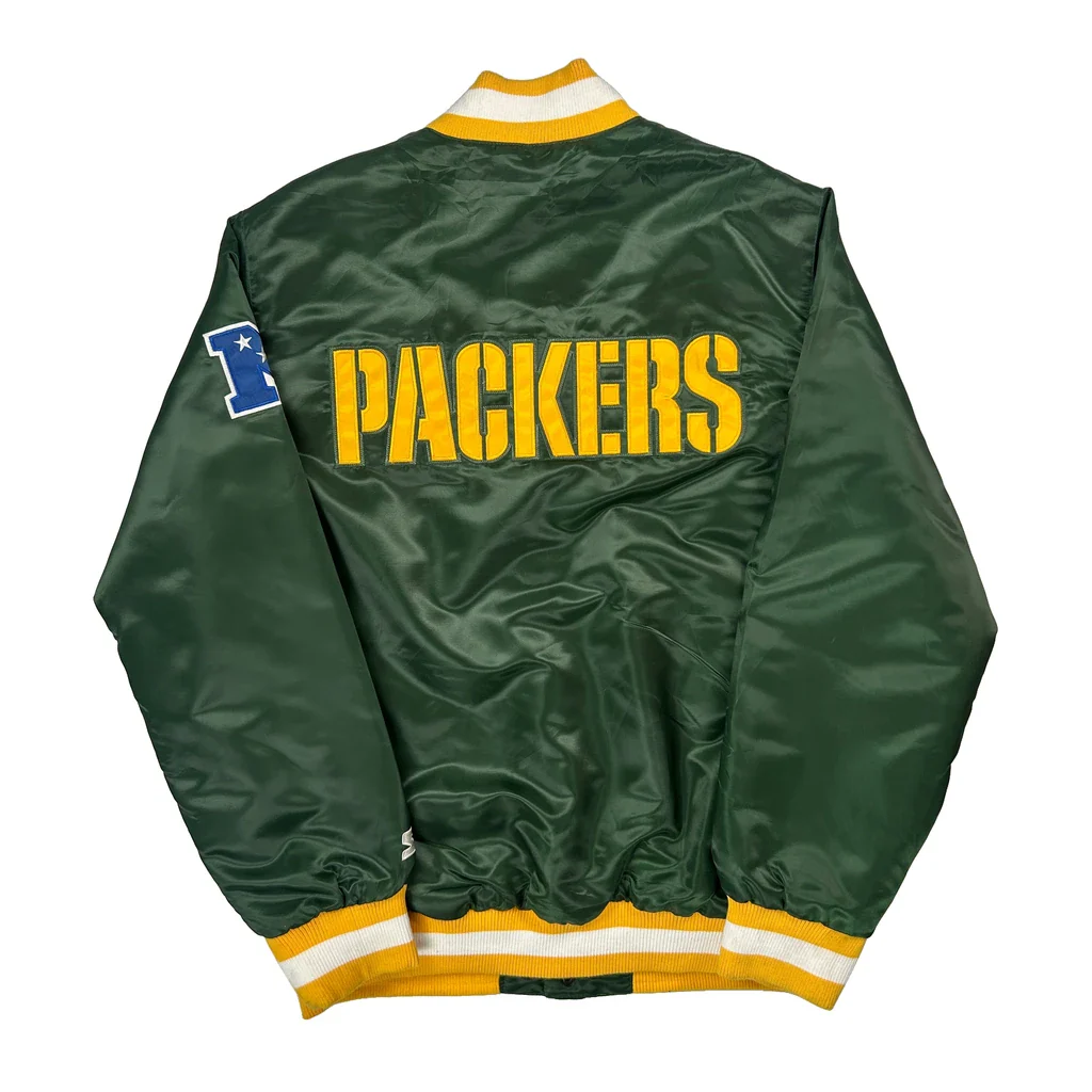 Satin Packers Starter Varsity Jacket - Large Green Polyester - Image 2