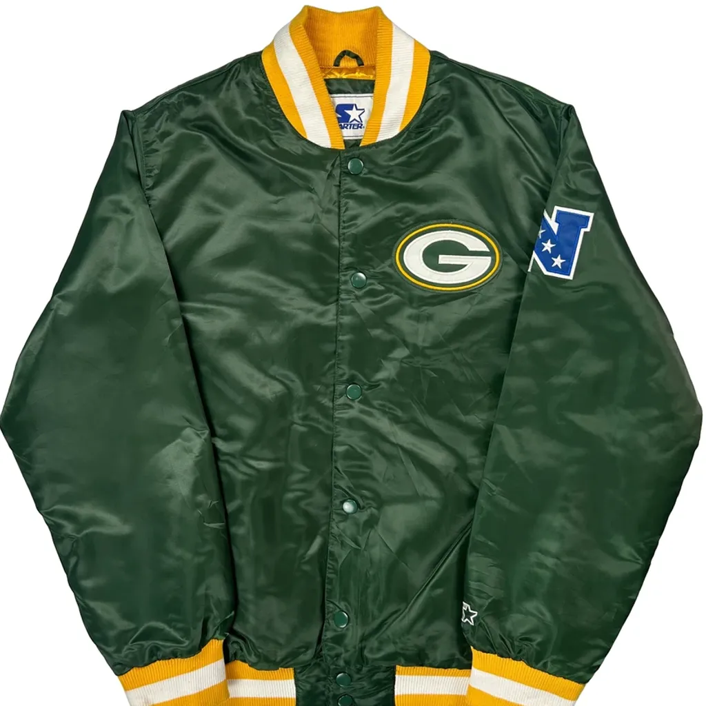 Satin Packers Starter Varsity Jacket - Large Green Polyester - Image 4
