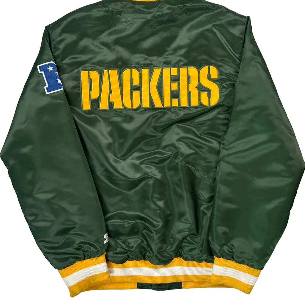 Satin Packers Starter Varsity Jacket - Large Green Polyester - Image 7