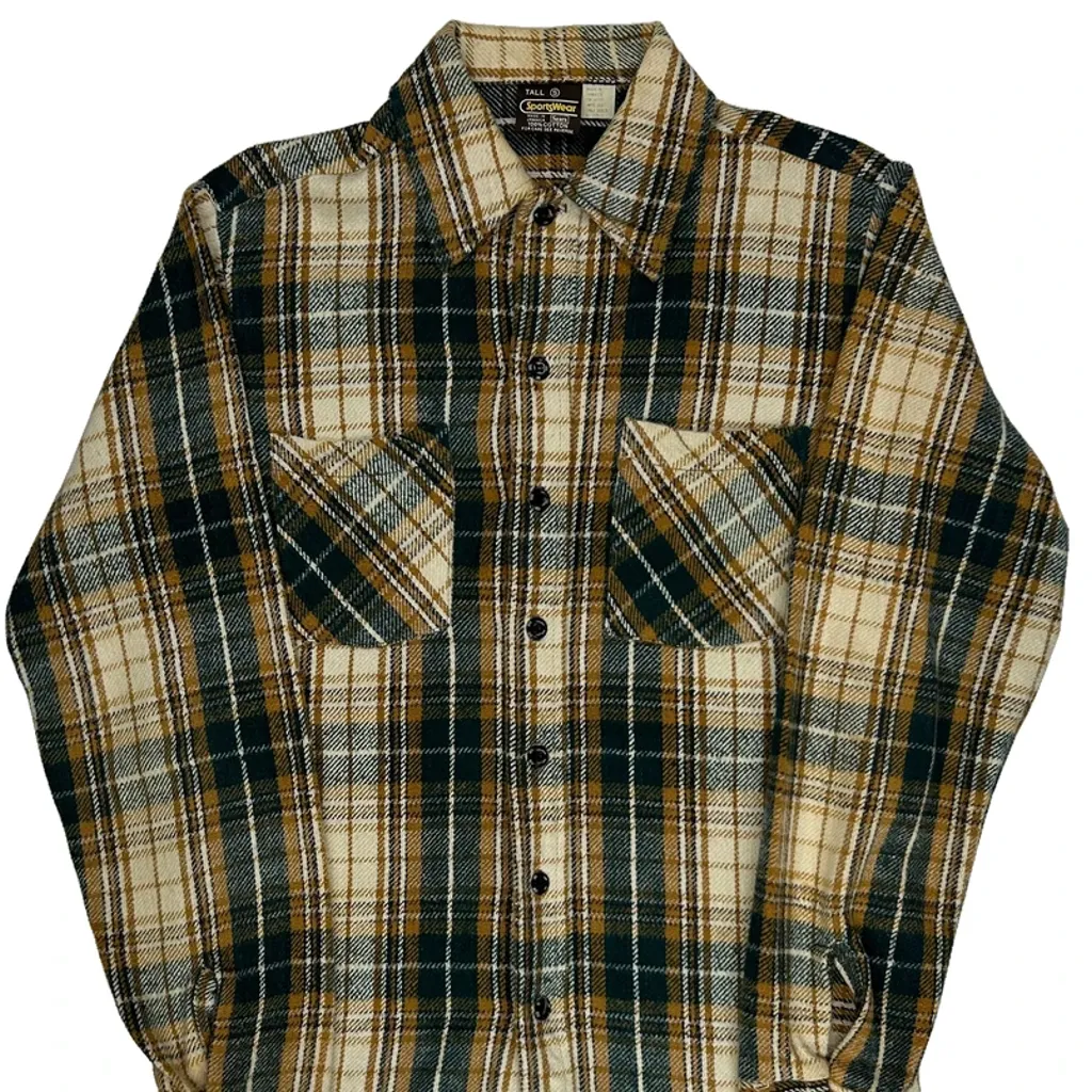 Sears Checked Flannel Shirt - Small Green Cotton - Image 5