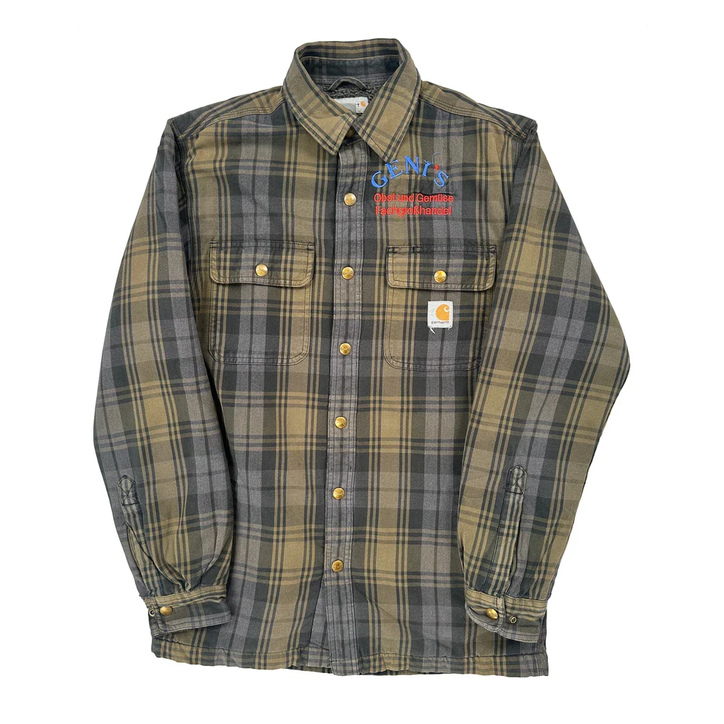 Sherpa Lined Carhartt Checked Shirt Jacket - Small Grey Cotton