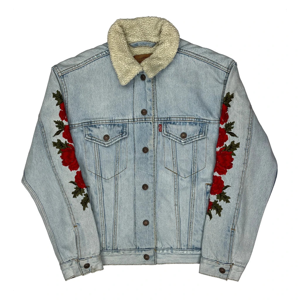 Sherpa Lined Levis Floral Denim Jacket - Small Light Wash Denim