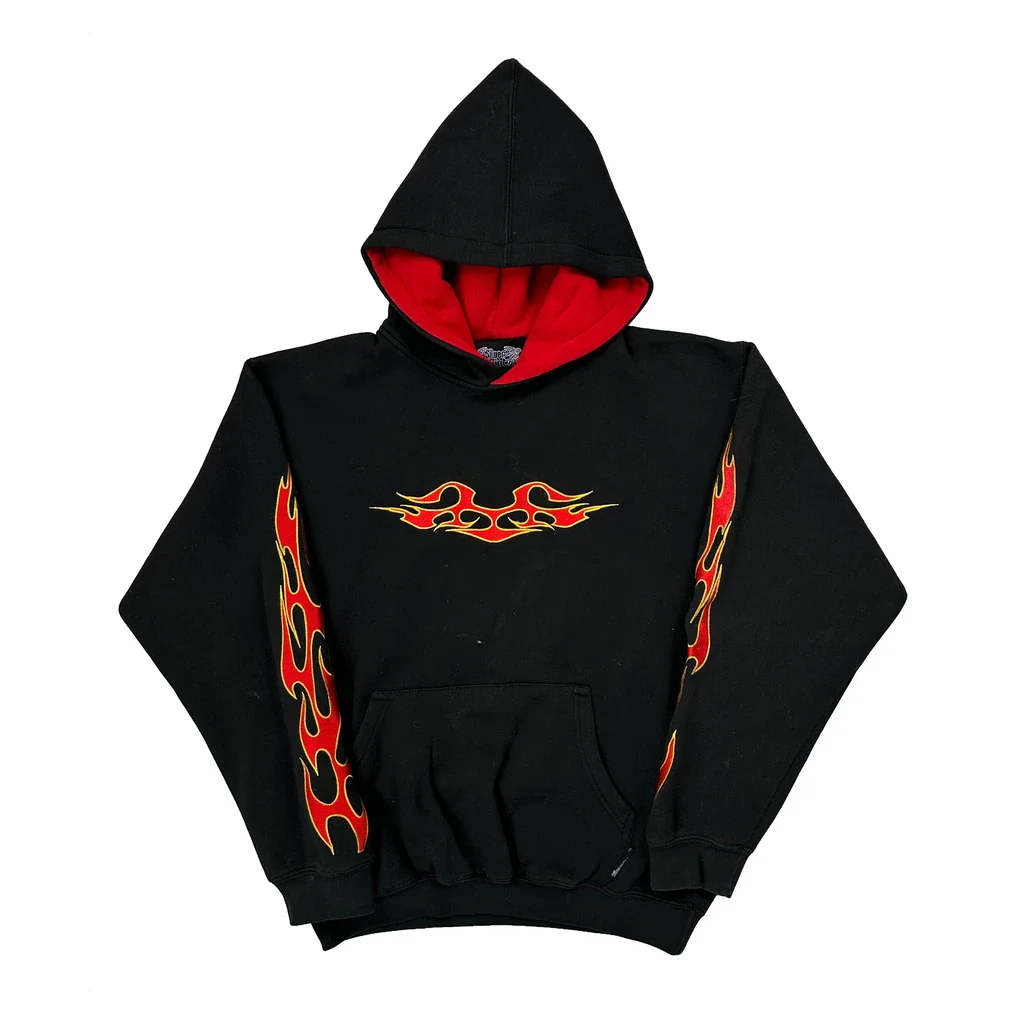 Silver Point Flame Graphic Hoodie - Large Black Cotton Blend