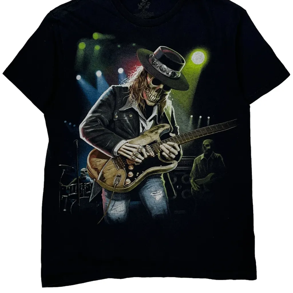 Skeleton Guitarist Liquid Blue Graphic T-Shirt - Medium Black Cotton - Image 4