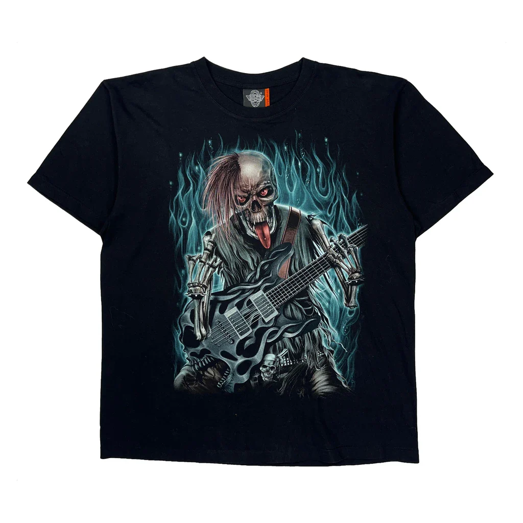 Skeleton Playing Guitar Rock Eagle Single Stitch T-Shirt - XL Black Cotton