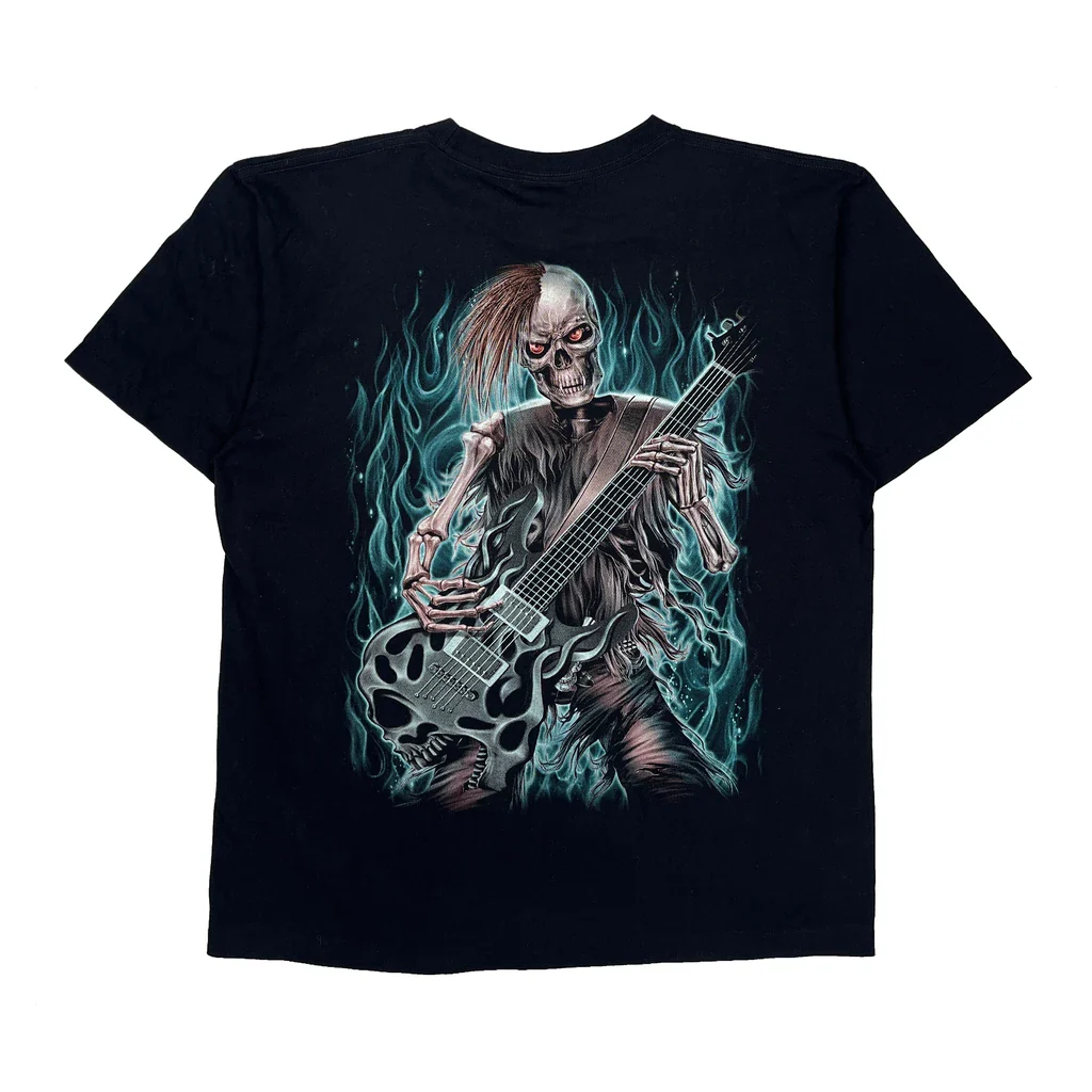 Skeleton Playing Guitar Rock Eagle Single Stitch T-Shirt - XL Black Cotton - Image 2